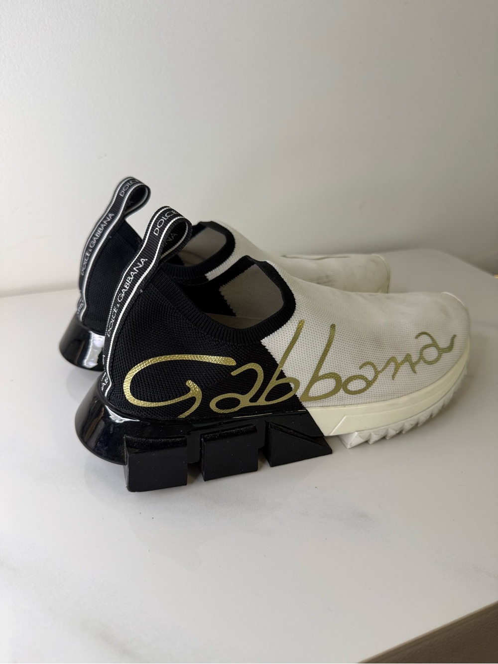 Dolce & Gabbana Sorrento Black White Gold Logo Slip-On Sneakers